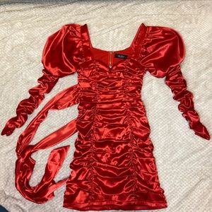 Satin Tie Back Long Sleeve Dress - Two Zippers with Clip & Hook